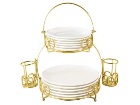 2 Tier Plate Stand With Folk Holder Gold Discount